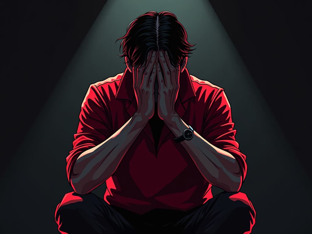  colleague in red casual wear, face in hands, sitting in a darkened room, air of confronting negative intentions. the style is digital art illustration / modern comic book / graphic dark novel fantasy and mysterious occult, symbolic, moody lighting, esoteric vibe,high detail on character design. for the color scheme emphasize blacks and reds.