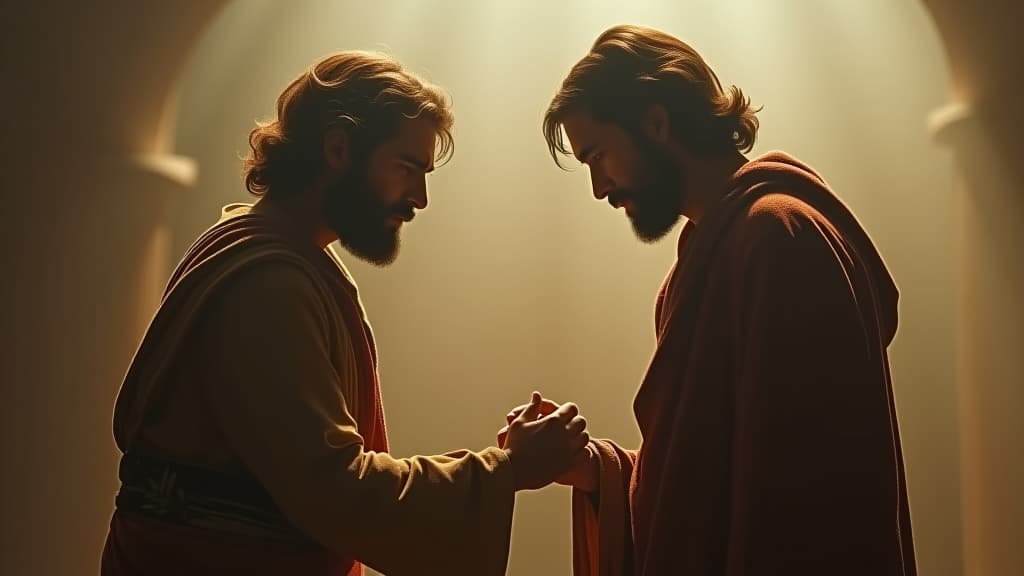  history of biblical times, a heartfelt reconciliation between jacob and esau, layered with emotions. hyperrealistic, full body, detailed clothing, highly detailed, cinematic lighting, stunningly beautiful, intricate, sharp focus, f/1. 8, 85mm, (centered image composition), (professionally color graded), ((bright soft diffused light)), volumetric fog, trending on instagram, trending on tumblr, HDR 4K, 8K