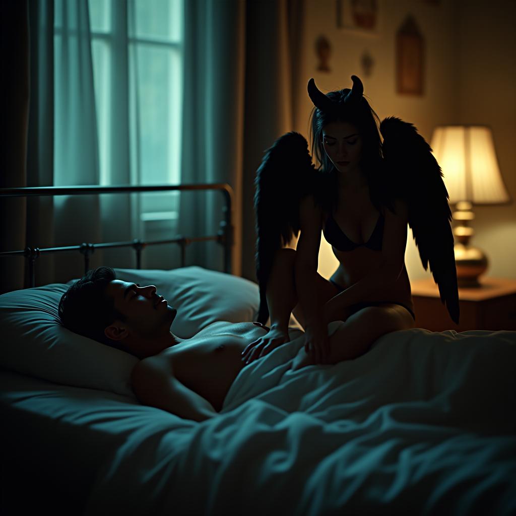  cinematic film still of a man sleeps at night, right on top of the man's squats a succubus with horns and wings, the man wakes up and looks at the succubus who sits on his with her feet on his . shallow depth of field, vignette, highly detailed, high budget, bokeh, cinemascope, moody, epic, gorgeous, film grain, grainy