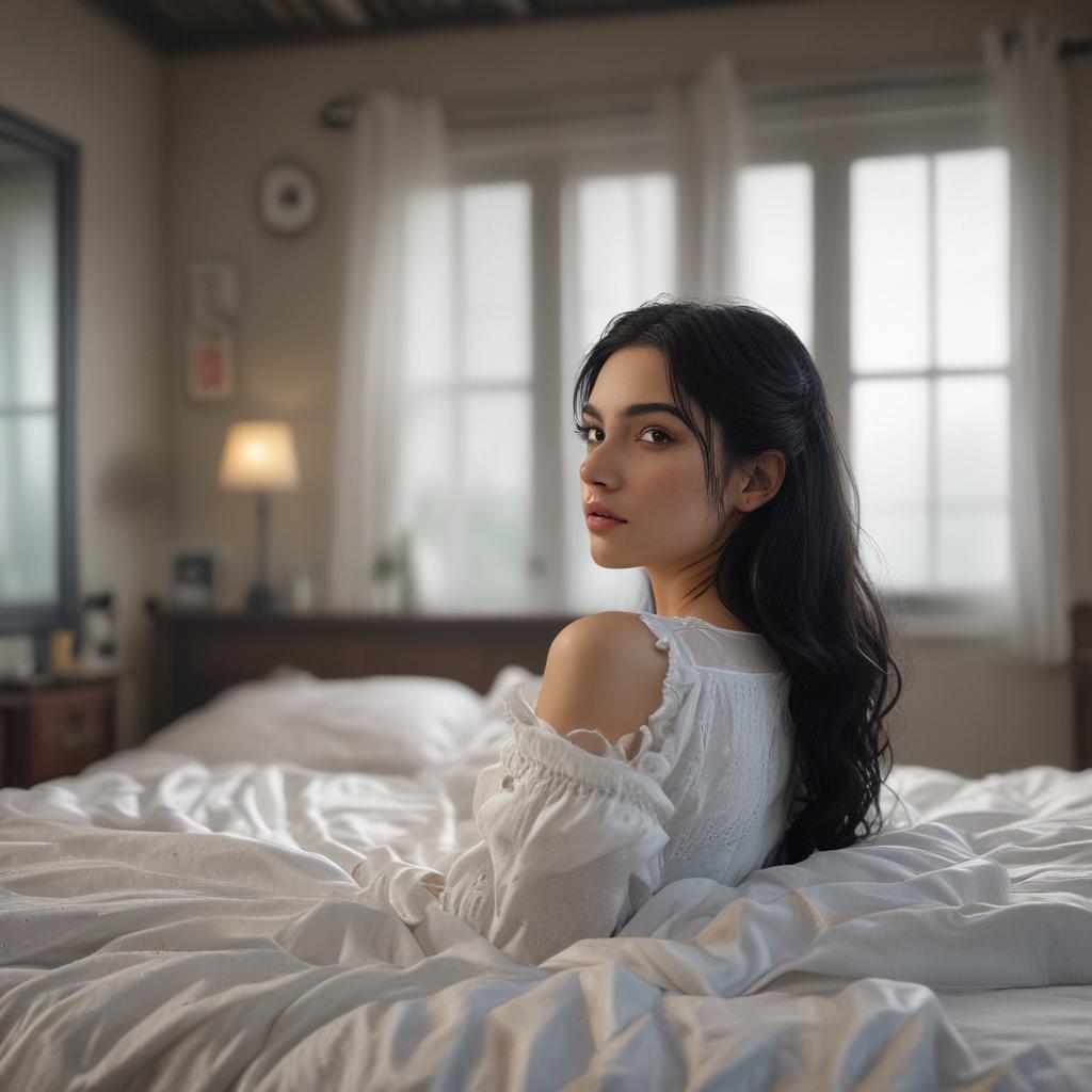 ((masterpiece)),(((best quality))), 8k, high detailed, ultra detailed, A old , young, ((black hair)), confident, (bedroom setting), natural lighting hyperrealistic, full body, detailed clothing, highly detailed, cinematic lighting, stunningly beautiful, intricate, sharp focus, f/1. 8, 85mm, (centered image composition), (professionally color graded), ((bright soft diffused light)), volumetric fog, trending on instagram, trending on tumblr, HDR 4K, 8K