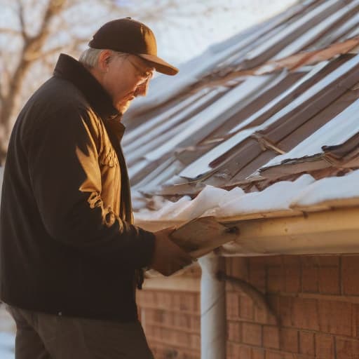 A photo of a skilled roofer inspecting gutters for ice buildup on a snowy roof in the late afternoon with a warm golden glow illuminating his focused expression.