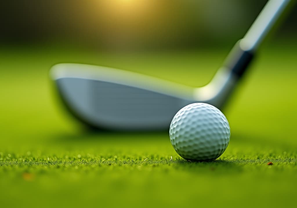  close up view of a white golf ball on a well manicured putting green, with a blurred golf club in the background. the image is well lit, vibrant, and captures the essence of a serene golfing moment.