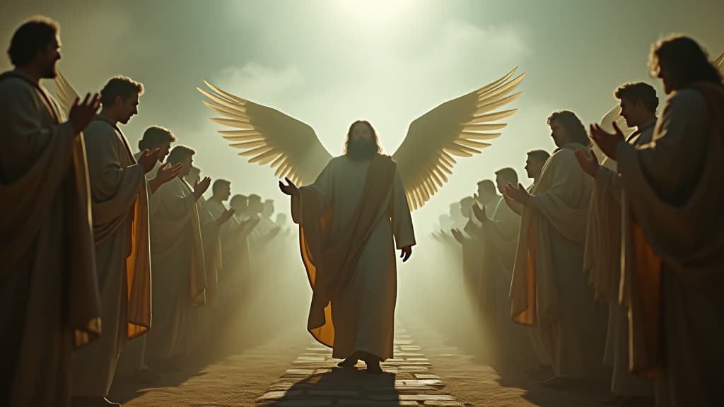  history of biblical times, an ethereal depiction of angels surrounding gideon during moments of trial, emphasizing divine presence. hyperrealistic, full body, detailed clothing, highly detailed, cinematic lighting, stunningly beautiful, intricate, sharp focus, f/1. 8, 85mm, (centered image composition), (professionally color graded), ((bright soft diffused light)), volumetric fog, trending on instagram, trending on tumblr, HDR 4K, 8K