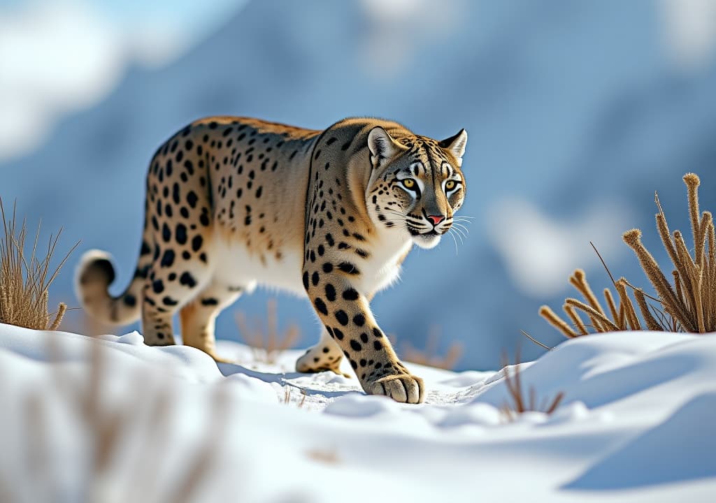  snow leopard walking through snowy mountain terrain