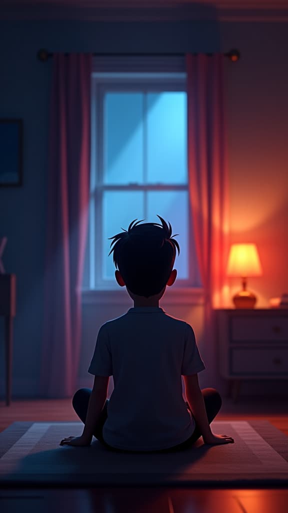  pixar style 3d animation, sad young man sitting alone, dimly lit room background, dynamic lighting, vibrant colors, detailed textures