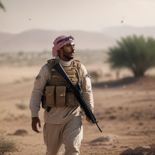 An Arab soldier in the middle of the battlefield in Cinematic style with Nature background