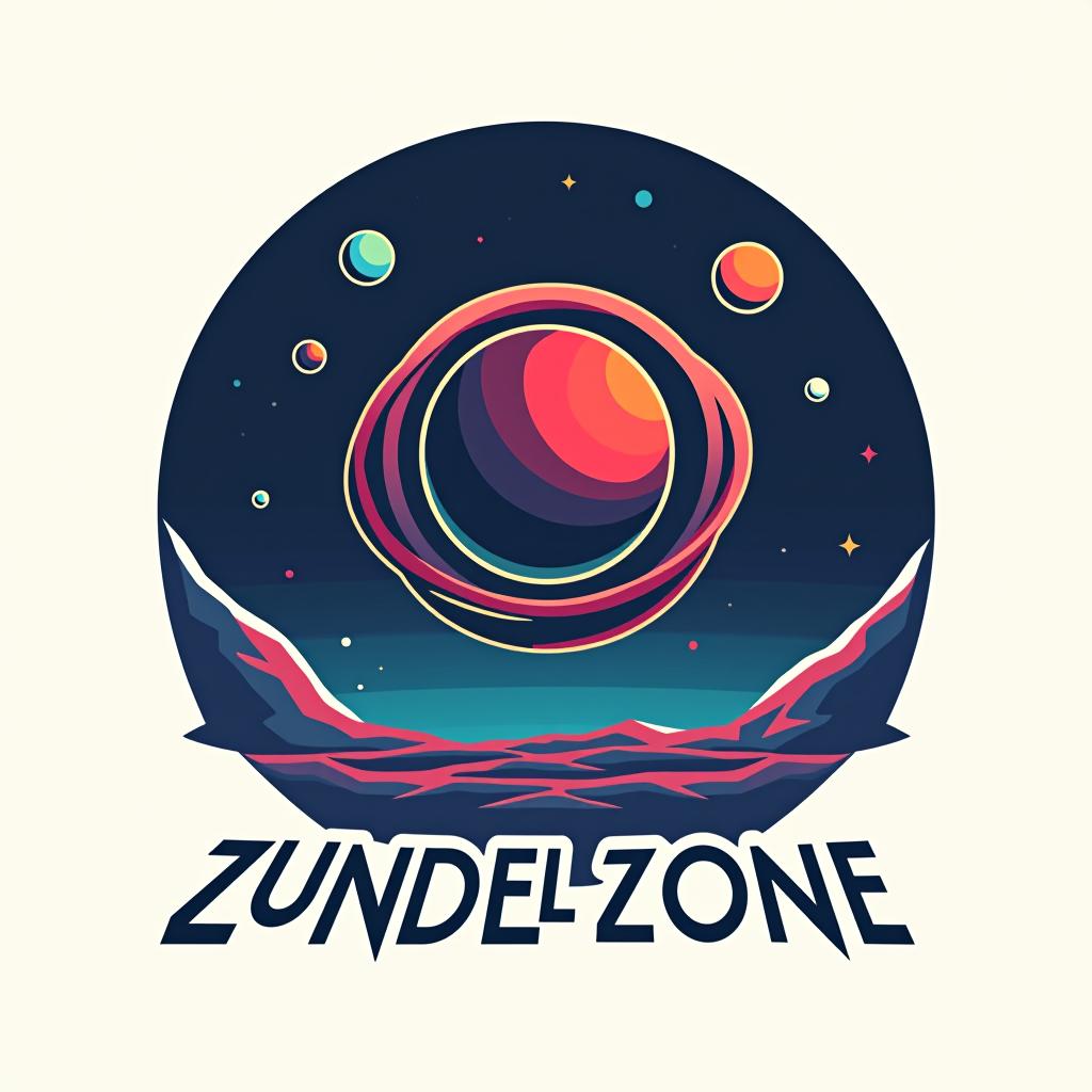  futuristic logo saying zundel zone with a custom ring with outer space and planets in the background, (logo), clean, contemporary, bold, minimalist, geometric shapes, sans serif font, bright colors, dynamic, innovative