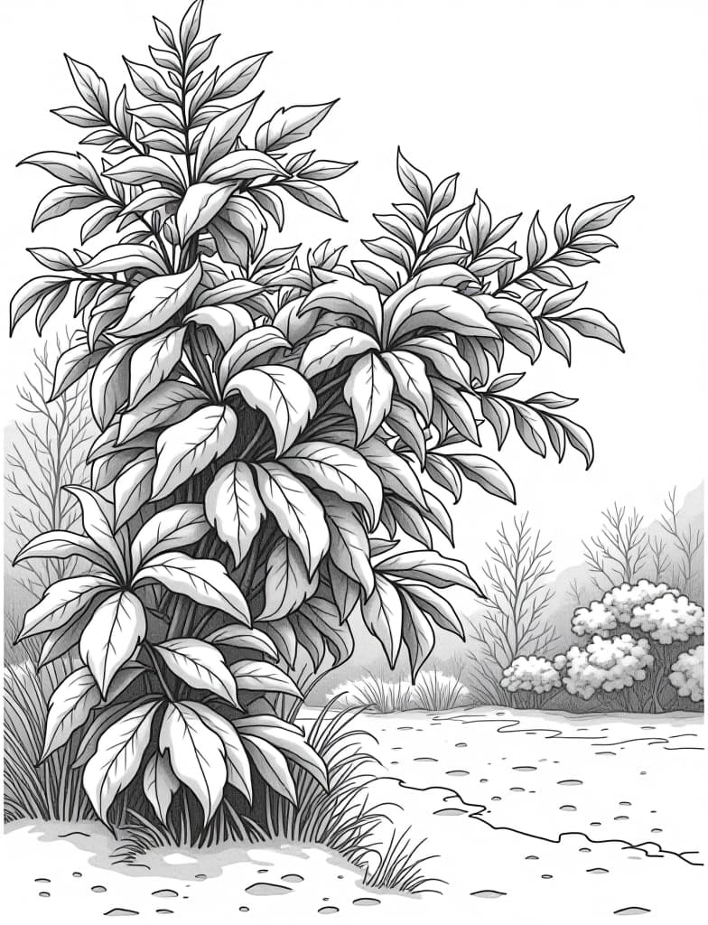  this is for an adult coloring page. a detailed black and white line art of a snowy frost covered leaves on a bush in a snowy garden on a solid white background.