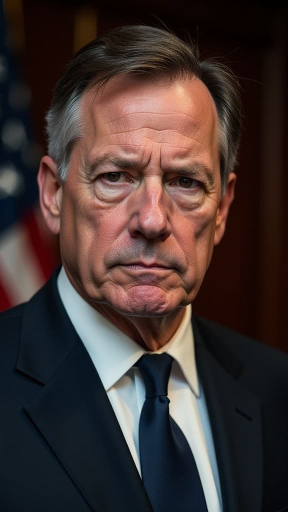  a close up portrait of a middle aged man with distinct features, including short, dark hair and a stern expression. he is wearing a tailored suit, standing against a background that suggests a political setting, with soft lighting emphasizing his resolute demeanor. the overall tone of the image conveys authority and leadership.