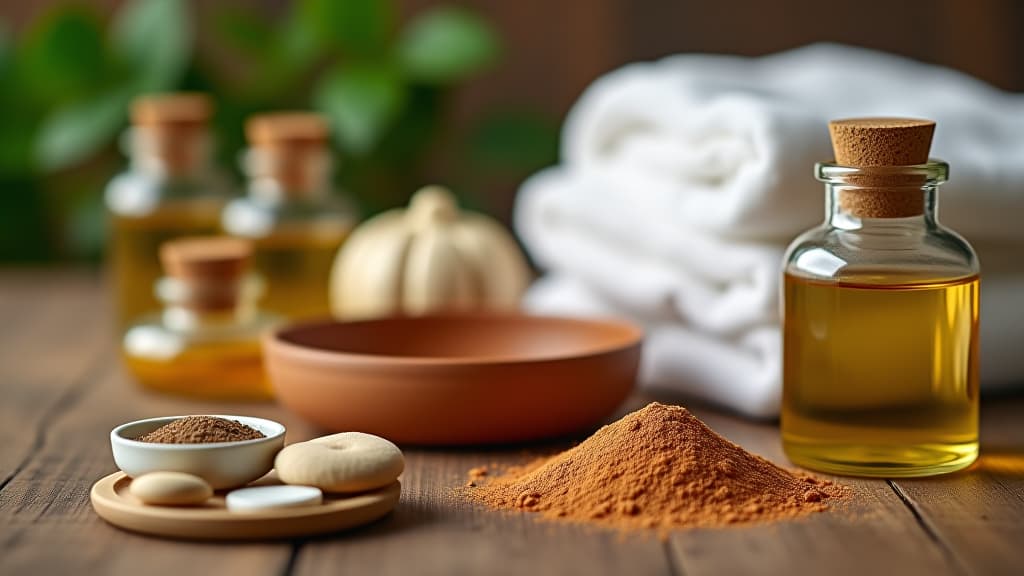  a spa setting with various natural ingredients like powders, oils, and towels, arranged on a wooden table