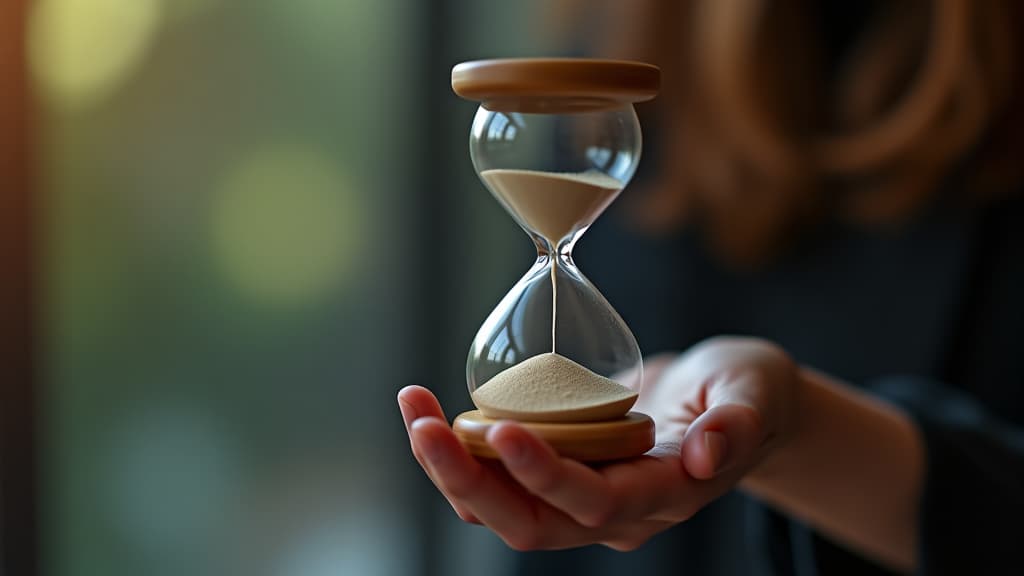  a hand holding an hourglass with sand flowing down, symbolizing the passage of time