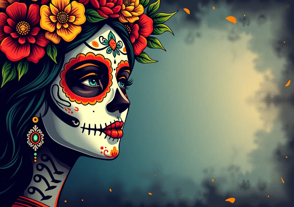  design banner for the day of the dead with mexican painted woman face for websites or social media, background cards invitation wallpaper sticker decoration free space for text