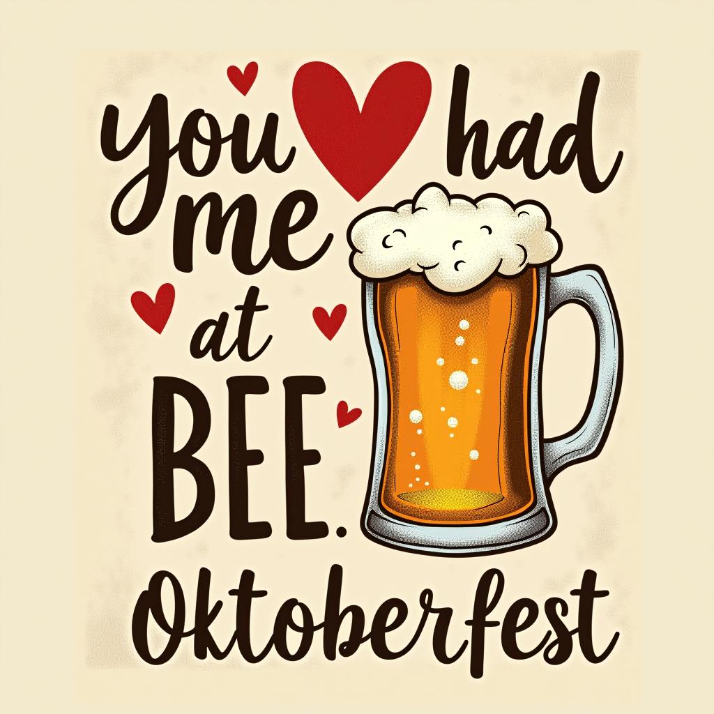  playful design with 'you had me at beer.' bold romantic font with heart and beer mug with distressed textures. place the word oktoberfest at the bottom of the image