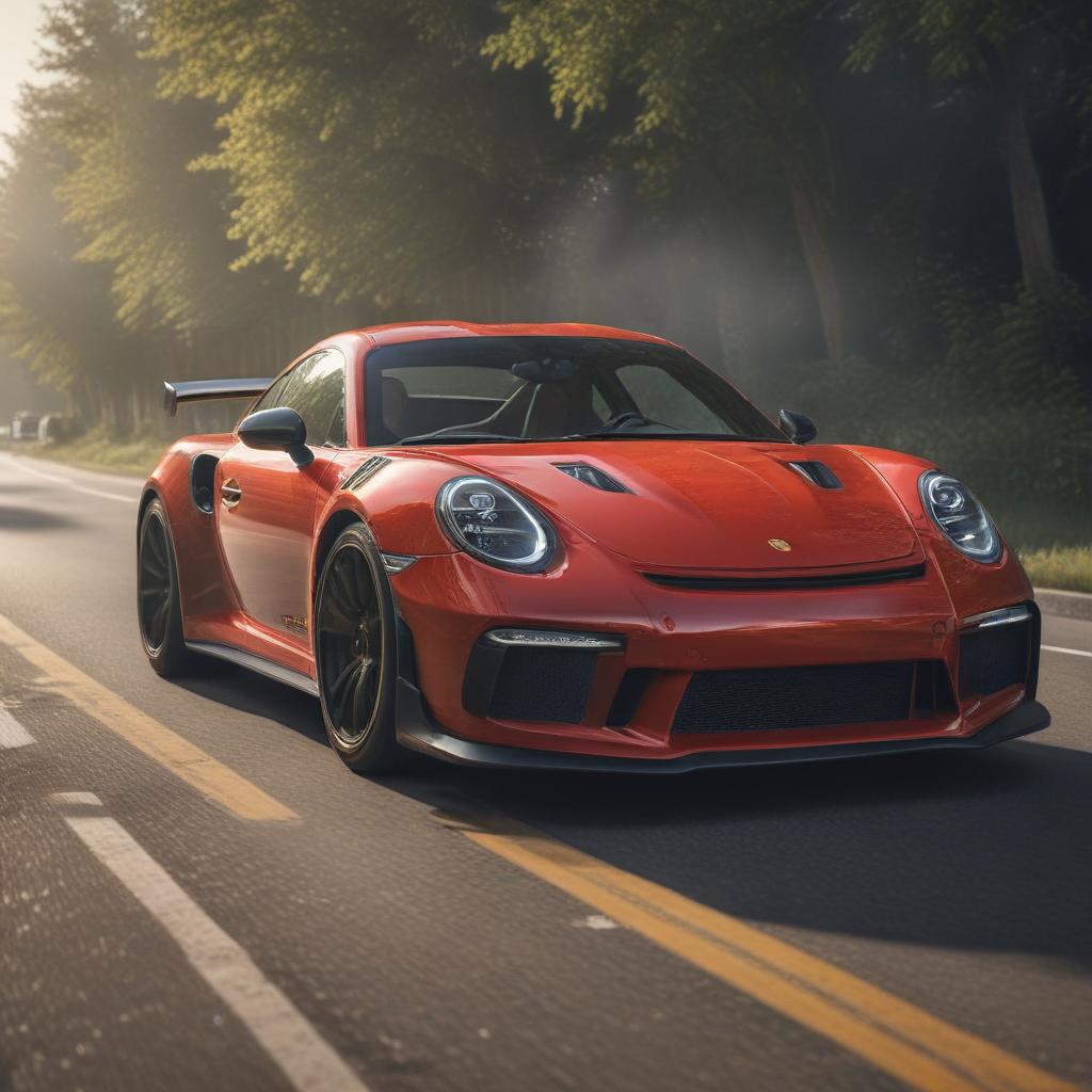 ((masterpiece)), (((best quality))), 8k, high detailed, ultra detailed, GT3RS, a luxurious sports car, (sleek aerodynamic design), (shiny red paint), (reflecting sunlight), speeding on a winding road hyperrealistic, full body, detailed clothing, highly detailed, cinematic lighting, stunningly beautiful, intricate, sharp focus, f/1. 8, 85mm, (centered image composition), (professionally color graded), ((bright soft diffused light)), volumetric fog, trending on instagram, trending on tumblr, HDR 4K, 8K