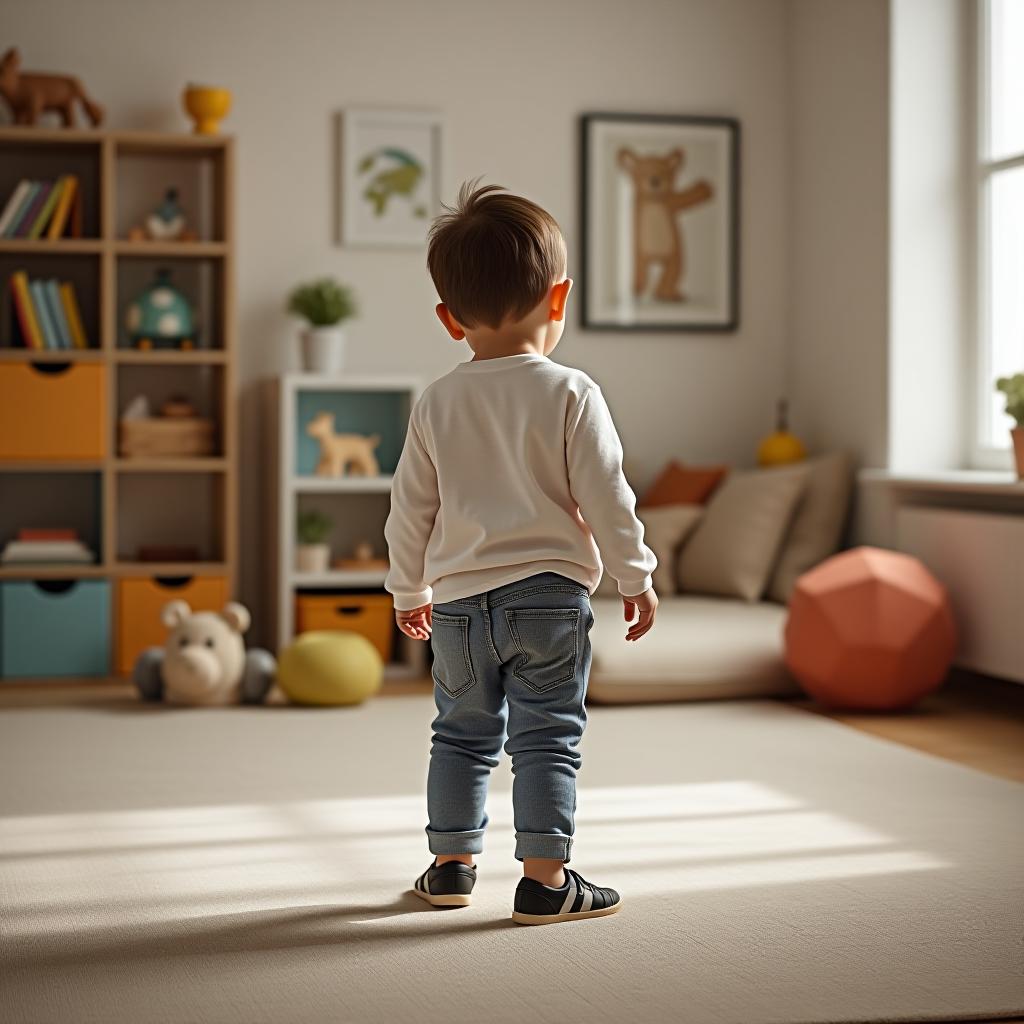  the child is standing in the playroom.