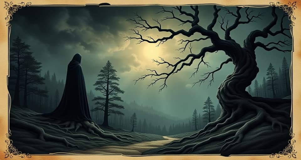  dark, foreboding landscape under a stormy sky, twisted trees, tangled roots, heavy shadows, sense of ominous anticipation. an illustration in the style of a worn, mystical old tarot trump card, mysterious and elements of surrealism. the colors are muted, somber and eerie, but with contrast bring out an occult and esoteric vibe.