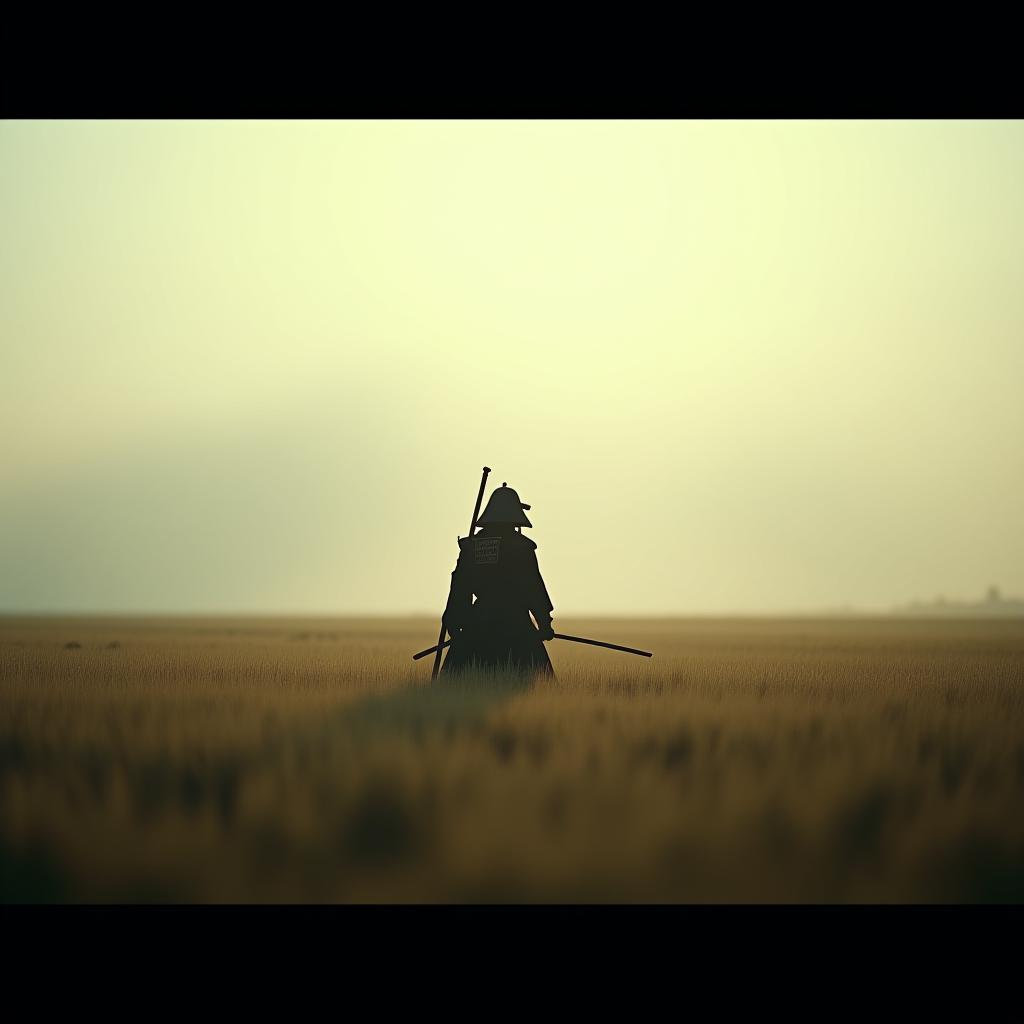  single samurai in a field that goes to its end hyperrealistic, full body, detailed clothing, highly detailed, cinematic lighting, stunningly beautiful, intricate, sharp focus, f/1. 8, 85mm, (centered image composition), (professionally color graded), ((bright soft diffused light)), volumetric fog, trending on instagram, trending on tumblr, HDR 4K, 8K