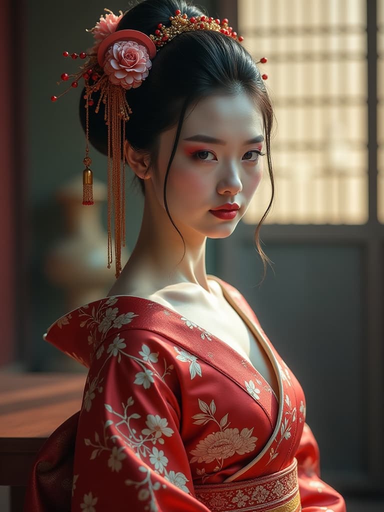  geisha with naked body hyperrealistic, full body, detailed clothing, highly detailed, cinematic lighting, stunningly beautiful, intricate, sharp focus, f/1. 8, 85mm, (centered image composition), (professionally color graded), ((bright soft diffused light)), volumetric fog, trending on instagram, trending on tumblr, HDR 4K, 8K