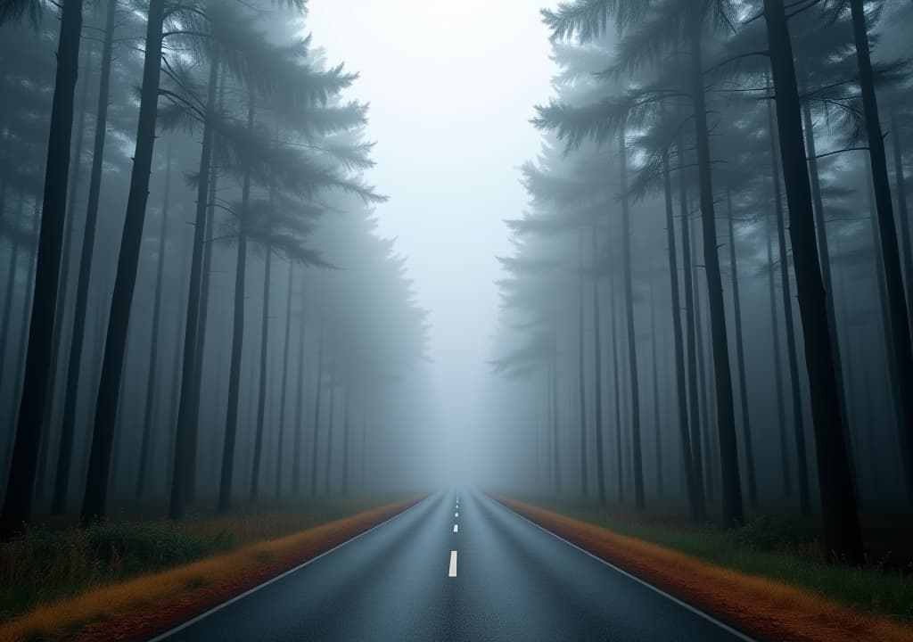  foggy forest road in pine trees