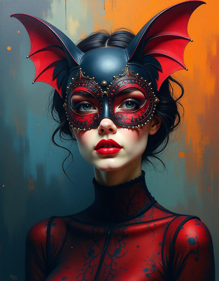  abstract expressionist painting a masterpiece. oil painting. (beautiful woman wearing a ‘bat’ mask at a masquerade:1.5) surrealism style. high detail. high quality. high resolution. . energetic brushwork, bold colors, abstract forms, expressive, emotional