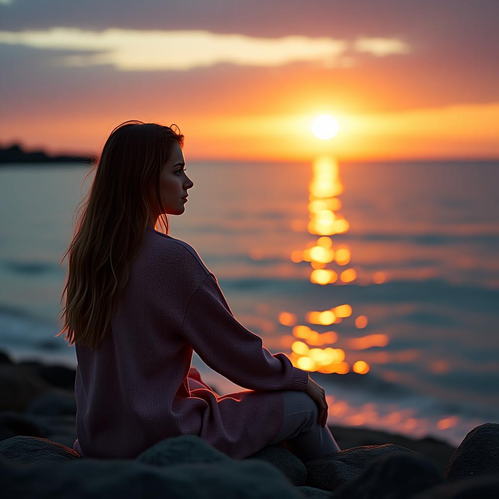  a girl is sitting by the ocean shore during a beautiful sunset, gazing into the distance. hyperrealistic, full body, detailed clothing, highly detailed, cinematic lighting, stunningly beautiful, intricate, sharp focus, f/1. 8, 85mm, (centered image composition), (professionally color graded), ((bright soft diffused light)), volumetric fog, trending on instagram, trending on tumblr, HDR 4K, 8K