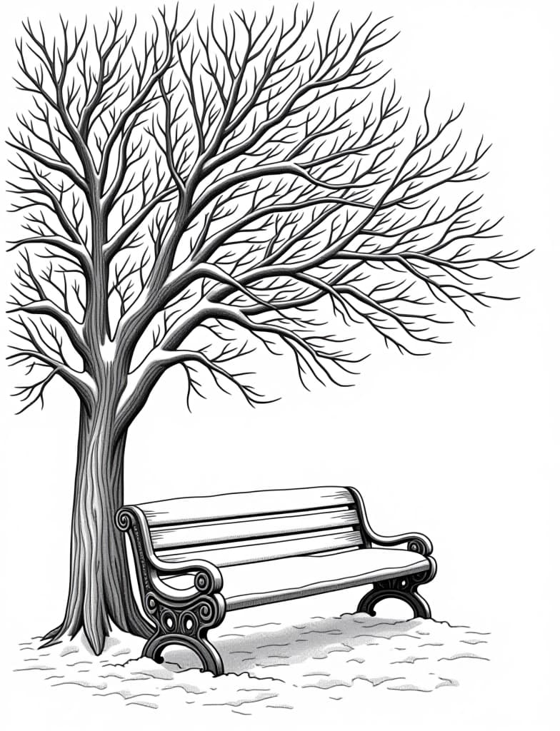  this is for an adult coloring page. a detailed black and white line art of a snowy snow covered park bench under a leafless tree on a solid white background.