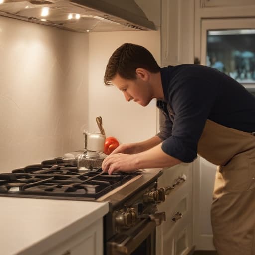 A photo of a skilled technician carefully aligning the gas line in a newly renovated kitchen during early evening, with warm, soft ambient lighting casting gentle shadows across the stainless steel stove as the last rays of daylight filter through the window, creating a cozy and intimate atmosphere perfect for the final steps of the stove installation process.