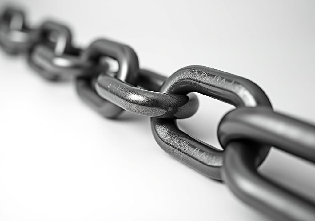  close up of metal chain links isolated on white background.