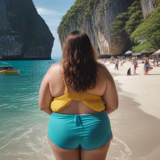 Generate a fat woman at maya bay in Thailand. We can see her from behind.