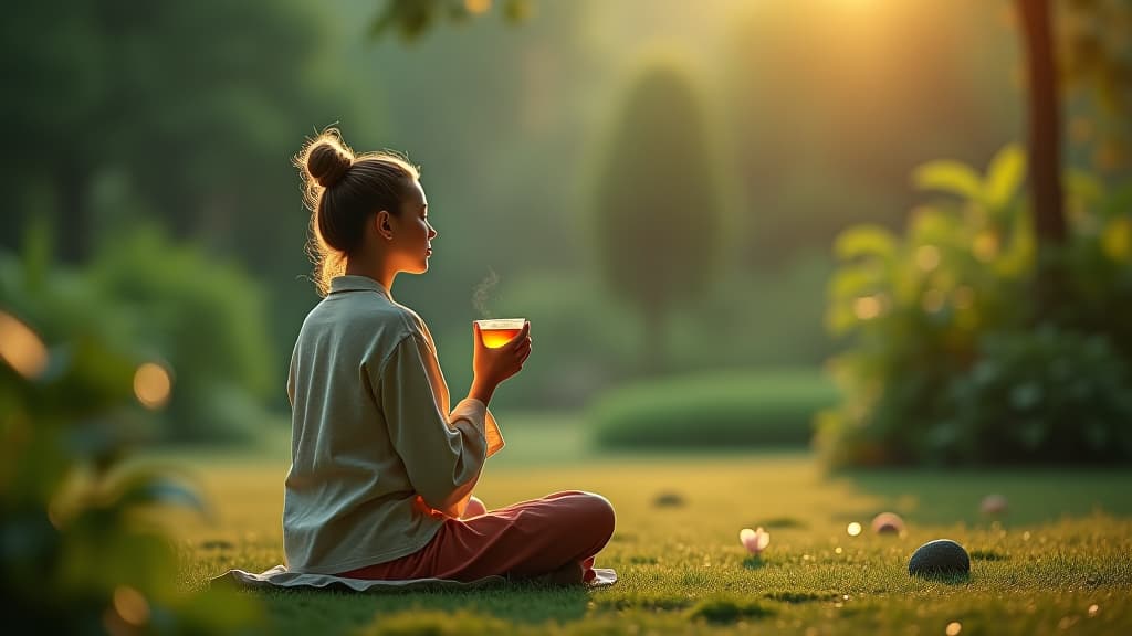  scenes about health and fitness, a guided meditation scene where a person reflects on health benefits while sipping guava leaf tea in a zen garden. hyperrealistic, full body, detailed clothing, highly detailed, cinematic lighting, stunningly beautiful, intricate, sharp focus, f/1. 8, 85mm, (centered image composition), (professionally color graded), ((bright soft diffused light)), volumetric fog, trending on instagram, trending on tumblr, HDR 4K, 8K