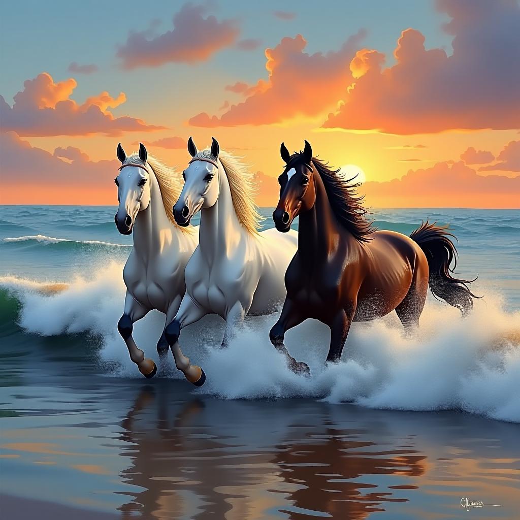  airbrushed oil painting, the ocean with gentle waves, three beautiful thoroughbred stallions, a white, a black, a copper, with flowing mane and tail, playing in the waves, behind them a stunning sunset, quaint scene