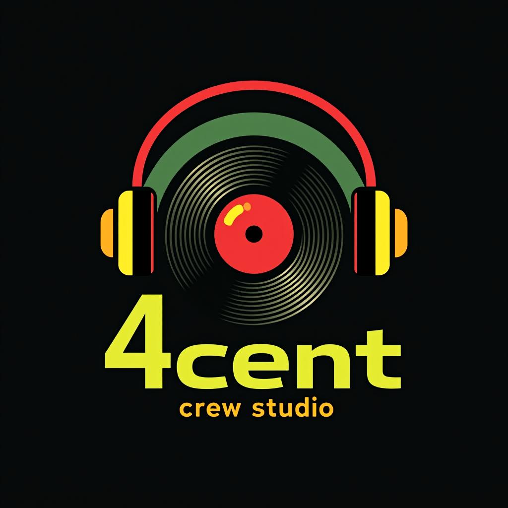  design a logo, logo d’un disque et casque audio en vert jaune et rouge, fond noir, with the text '4cent crew studio'.