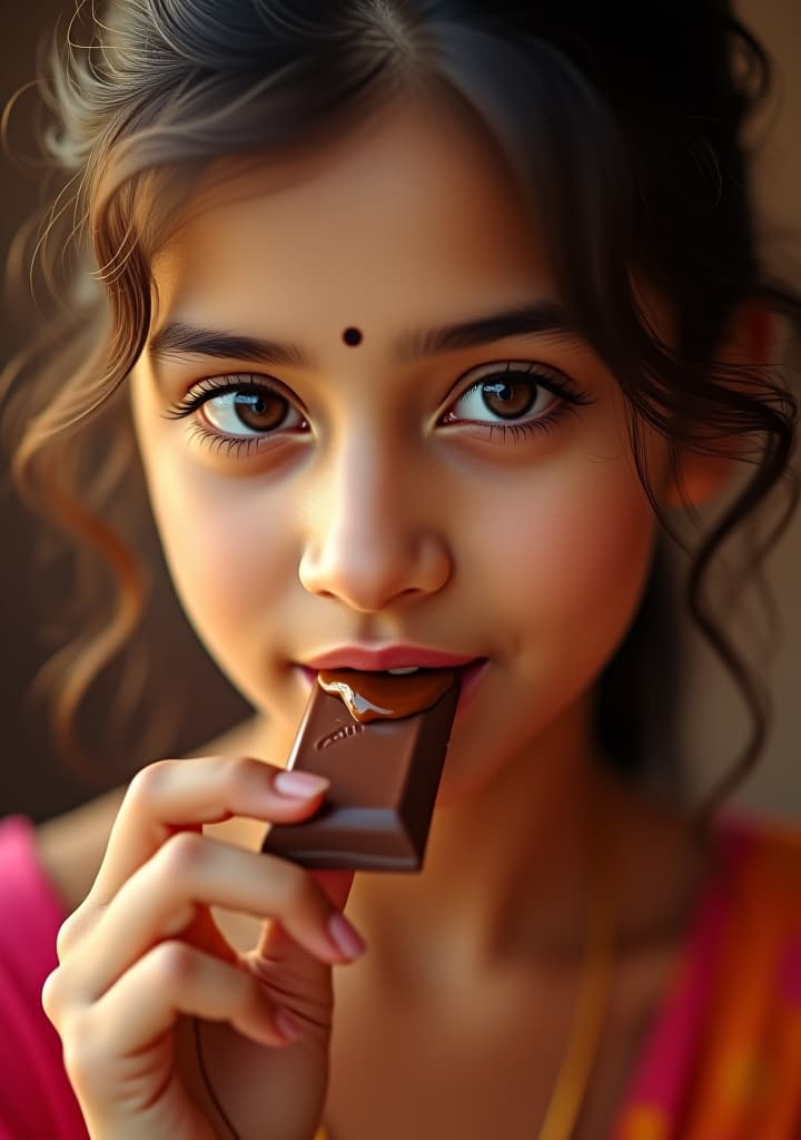  vey cute, female, indian, fair body color, young, model profession, eating chocolate, close eyes, this is advertising of dairy milk chocolate it has a big headline text written "special rakhi offer for your sister" on the screen, and put dairy milk logo at bottom side, little melt chocolate at her lips face, hyperrealistic, full body, detailed clothing, highly detailed, cinematic lighting, stunningly beautiful, intricate, sharp focus, f/1. 8, 85mm, (centered image composition), (professionally color graded), ((bright soft diffused light)), volumetric fog, trending on instagram, trending on tumblr, HDR 4K, 8K