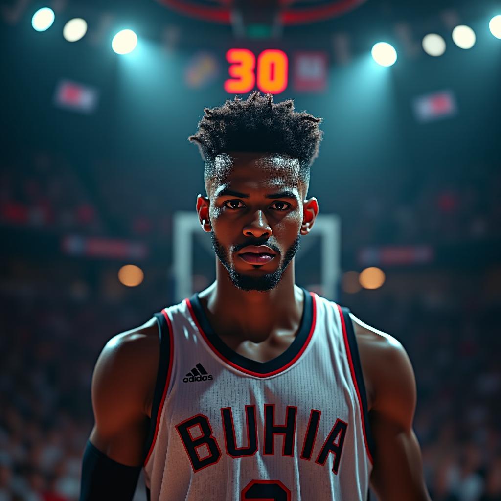  create a high quality, photorealistic image that vividly depicts the following scene: a high energy sports stadium under intense, spotlight illumination. central focus is a fiercely determined basketball player, beads of perspiration trickling from their brow, locked into a state of extreme determination. sports gear accentuates the muscular physique, and the intensity in the player's eyes displays an urgency against the backdrop of a glowing, red 30 second shot clock, counting down. the crowd, a blur of anticipation, frame the scene in a mix of tension and excitement. the image created through a canon eos r3, iso 100, 1/80s, with edgy, dynamic lighting, and sharp contrast, captured in 8k resolution. the image should: focus  hyperrealistic, full body, detailed clothing, highly detailed, cinematic lighting, stunningly beautiful, intricate, sharp focus, f/1. 8, 85mm, (centered image composition), (professionally color graded), ((bright soft diffused light)), volumetric fog, trending on instagram, trending on tumblr, HDR 4K, 8K