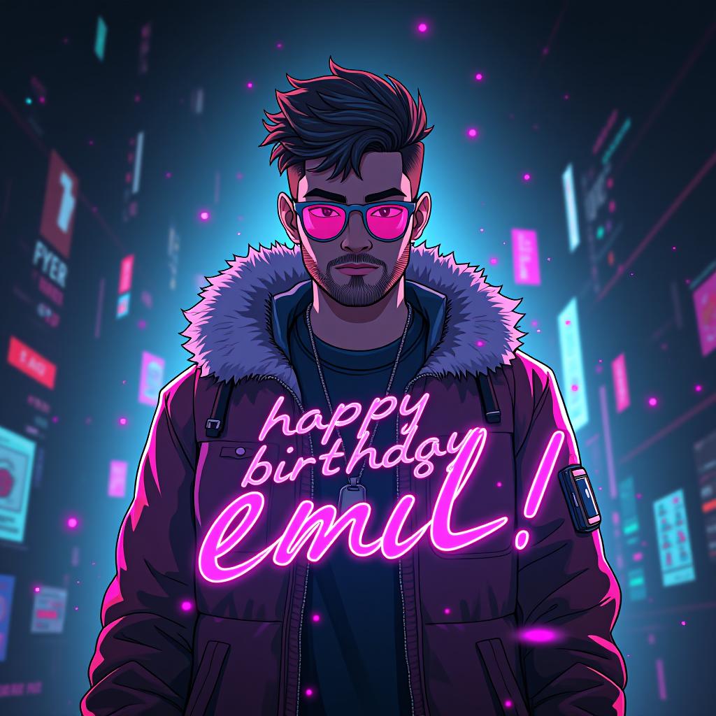  cyberpunk themed digital illustration with glitch effects and holographic elements, displaying "happy birthday emil!" in futuristic typography hyperrealistic, full body, detailed clothing, highly detailed, cinematic lighting, stunningly beautiful, intricate, sharp focus, f/1. 8, 85mm, (centered image composition), (professionally color graded), ((bright soft diffused light)), volumetric fog, trending on instagram, trending on tumblr, HDR 4K, 8K