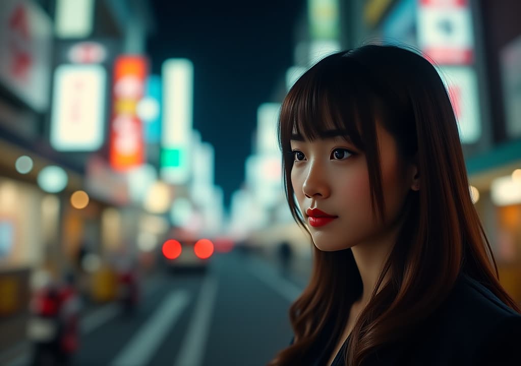  depth of field, establishing shot, character, woman, cinematic, realistic, tokyo in background