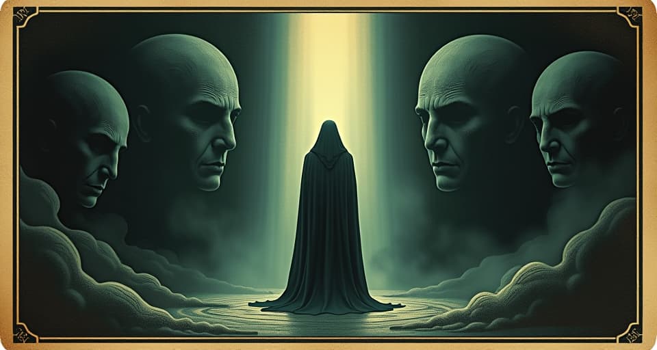  a figure illuminated by a beam of light from above, faces in partial shadow watching intently, soft glow emanating from the figure, mood of revelation. an illustration in the style of a worn, mystical old tarot trump card, mysterious and elements of surrealism. the colors are muted, somber and eerie, but with contrast bring out an occult and esoteric vibe.