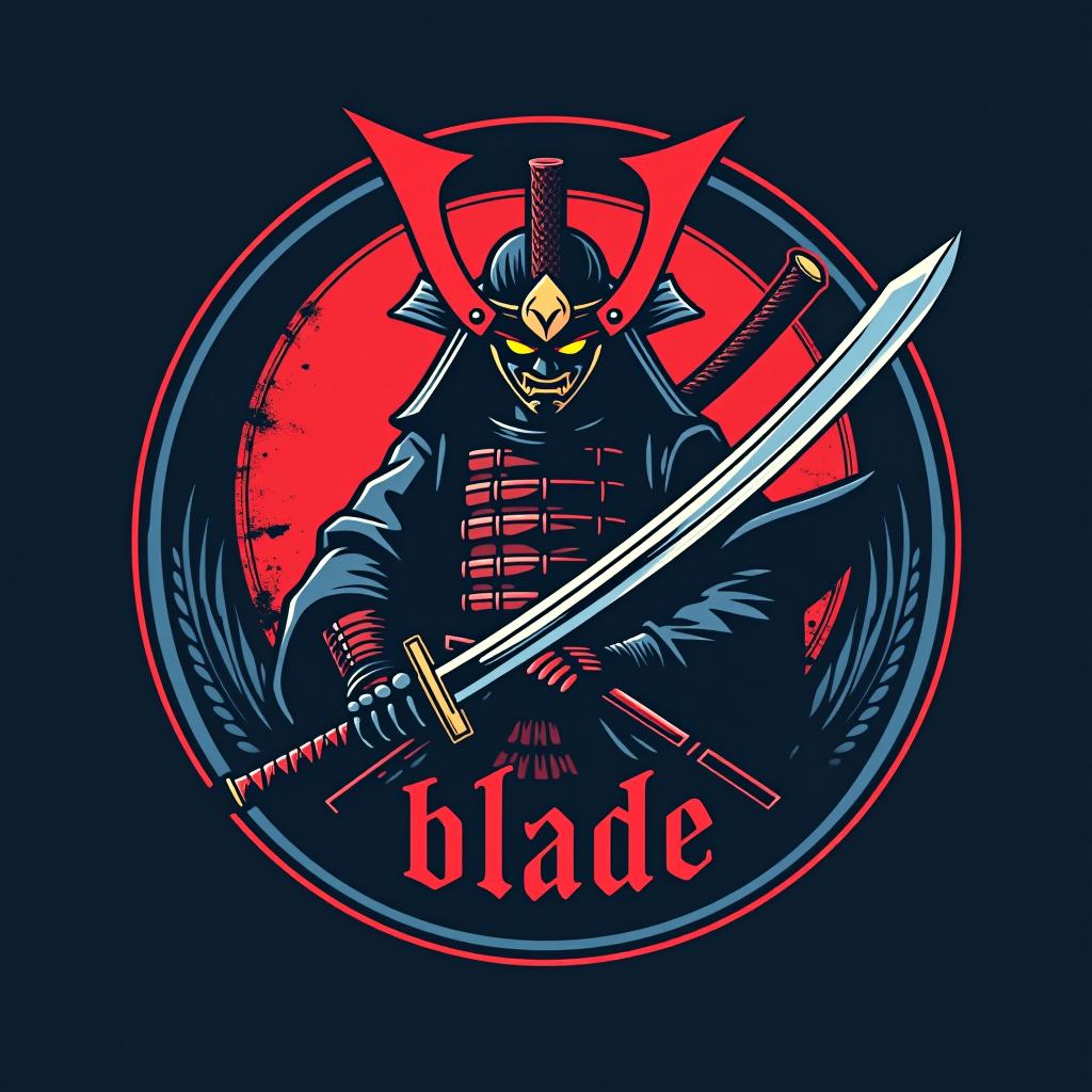  logo, emblem logo, with the written text ‘blade’, samurai theme, red and blue.