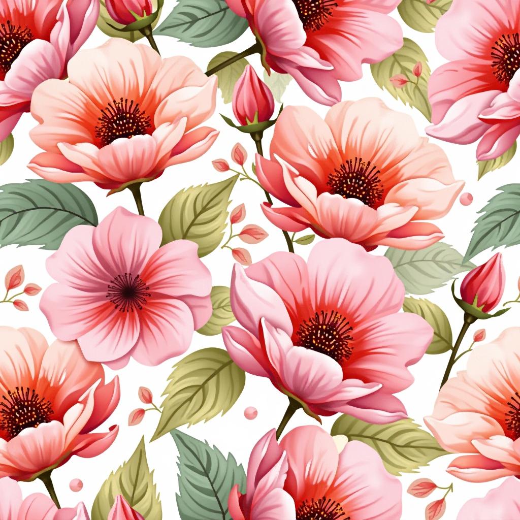  create a seamless digital design featuring a pattern of large, beautiful flowers with soft, watercolor like effects. the flowers should cover the entire surface, creating a bold, elegant, and continuous look. the overall style should be light and airy, with delicate leaves and petals to enhance the natural, floral theme. the design should be seamless to ensure it can be used in repeating patterns or wraps.