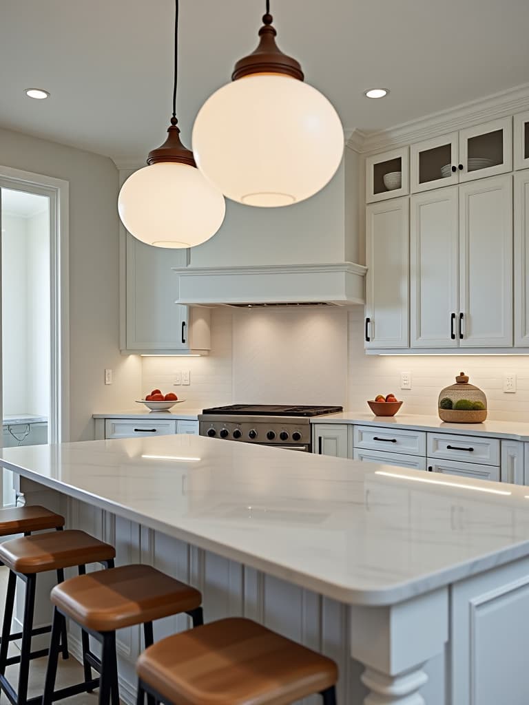  high quality portrait photo of a white kitchen with a statement light fixture, featuring oversized pendant lights above a marble topped island, captured from a dramatic overhead angle hyperrealistic, full body, detailed clothing, highly detailed, cinematic lighting, stunningly beautiful, intricate, sharp focus, f/1. 8, 85mm, (centered image composition), (professionally color graded), ((bright soft diffused light)), volumetric fog, trending on instagram, trending on tumblr, HDR 4K, 8K