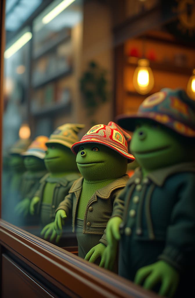  the storefront of a business that sells small hats for pickles. the front window has a display of green pickles lined up wearing a variety of different small hats and helmets. hyperrealistic, full body, detailed clothing, highly detailed, cinematic lighting, stunningly beautiful, intricate, sharp focus, f/1. 8, 85mm, (centered image composition), (professionally color graded), ((bright soft diffused light)), volumetric fog, trending on instagram, trending on tumblr, HDR 4K, 8K