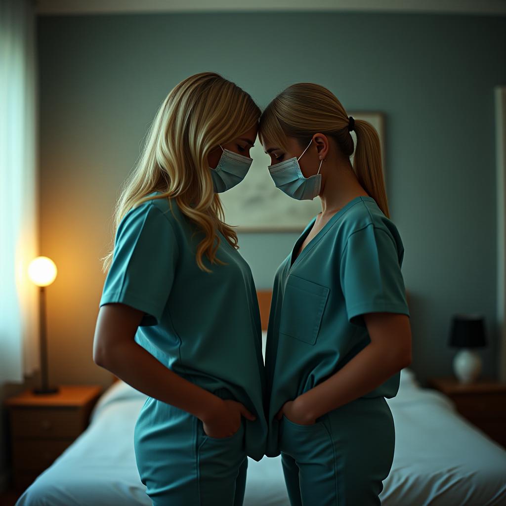  sylvia and crystal , blonde hair, standing with hands in pockets in a bedroom , relationship graph, cinematic lighting, social realism, , surgical mask, sad photo realistic, highly intricate and detailed, masterpiece, ultra high res,photography,8k resolution