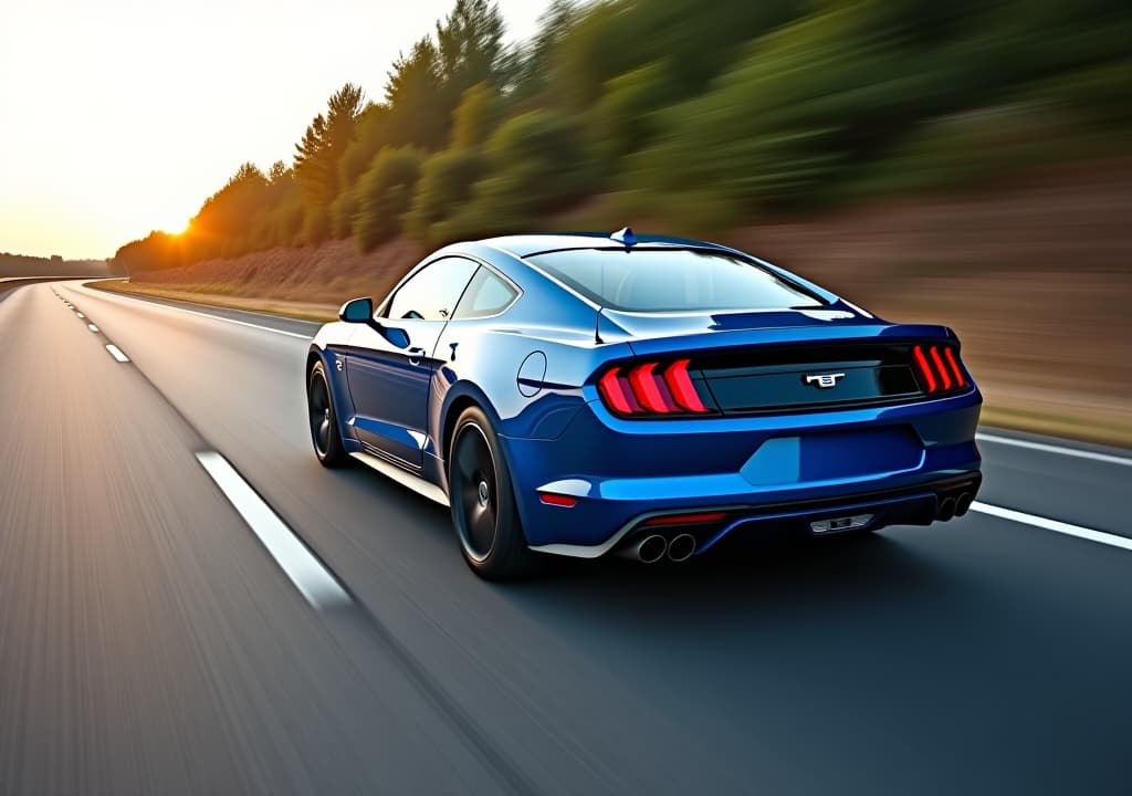  rear view of blue business car on high speed in turn. blue car rushing along a high speed highway.