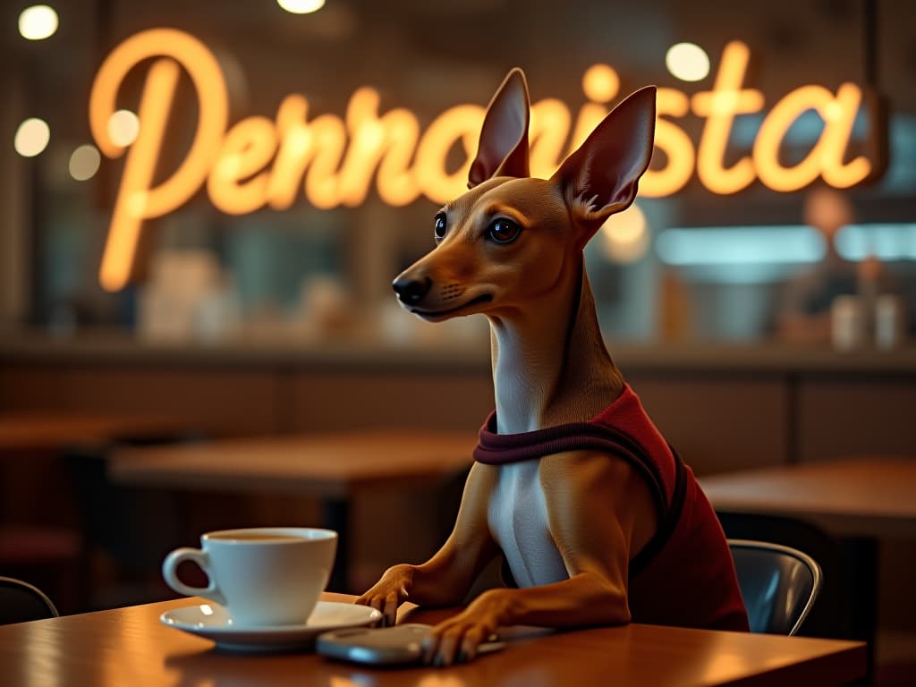  photo of a podenco dog sitting on a table next to a cup of coffee. in the background there is a clearly visible sign that says “perrrorista” hyperrealistic, full body, detailed clothing, highly detailed, cinematic lighting, stunningly beautiful, intricate, sharp focus, f/1. 8, 85mm, (centered image composition), (professionally color graded), ((bright soft diffused light)), volumetric fog, trending on instagram, trending on tumblr, HDR 4K, 8K