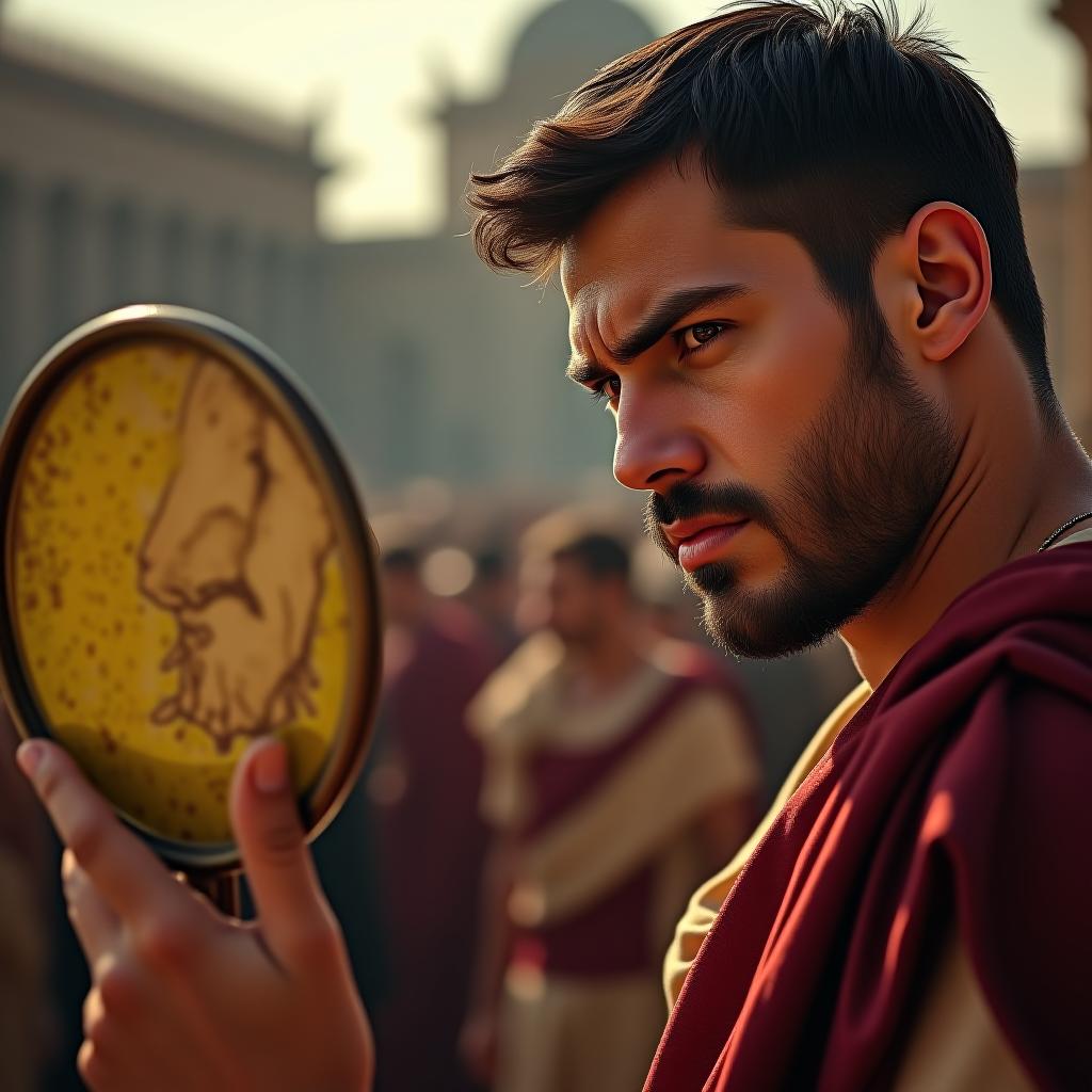  create a high quality, photorealistic image that vividly depicts the following scene: dramatic, close up scene of a bold roman citizen in the heart of ancient rome((gleaming, chiseled masculine features, dark hair and a short cut beard)), intense hazel eyes staring defiantly into a bronze mirror, raw disgust painted on his features. in one hand, he grips a curved spatula, smeared with a curious pale yellow mix urine. the setting sun casts long, theatrical shadows over the crowded, boisterous roman marketplace behind him. shot on sony alpha 1, zeiss lens, f/2.0, iso 100, 1/125s, 8k resolution, high contrast, rustic earthy tones, unedited, with a dramatic depth of field. the image should: focus on the specific actions, emoti hyperrealistic, full body, detailed clothing, highly detailed, cinematic lighting, stunningly beautiful, intricate, sharp focus, f/1. 8, 85mm, (centered image composition), (professionally color graded), ((bright soft diffused light)), volumetric fog, trending on instagram, trending on tumblr, HDR 4K, 8K