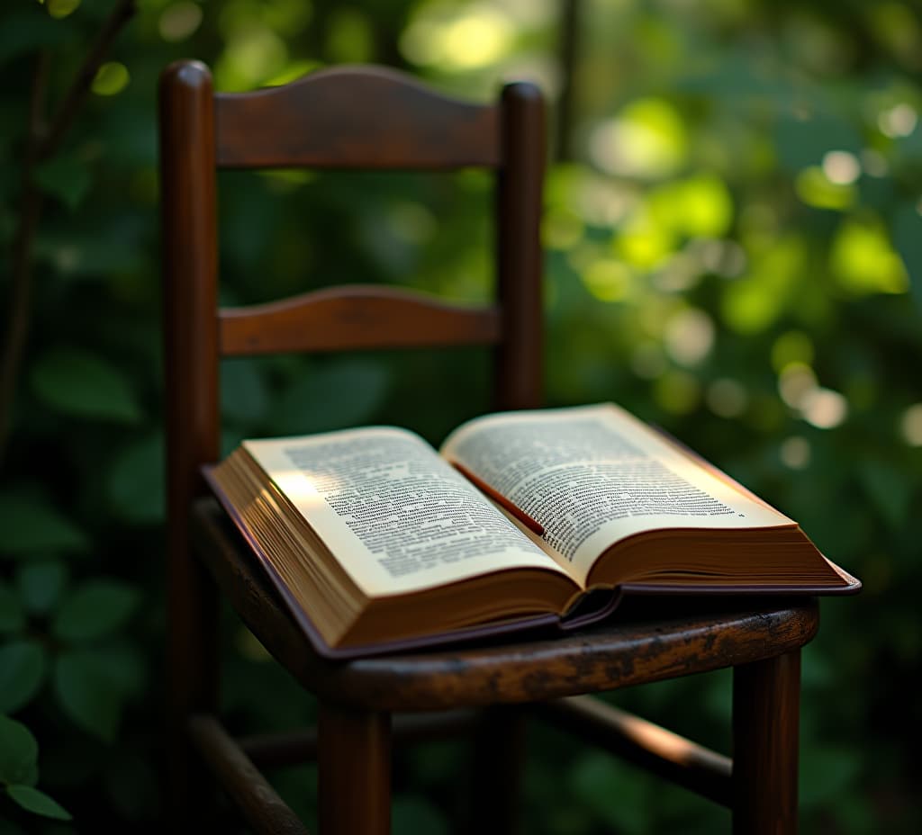  whispers of antiquity: a book resting on a rustic wooden chair amidst lush greenery