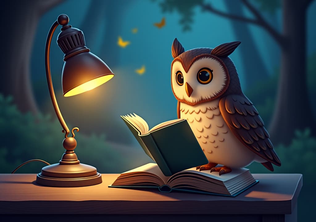  an owl reading a book under a lamp advertising an educational app for kids