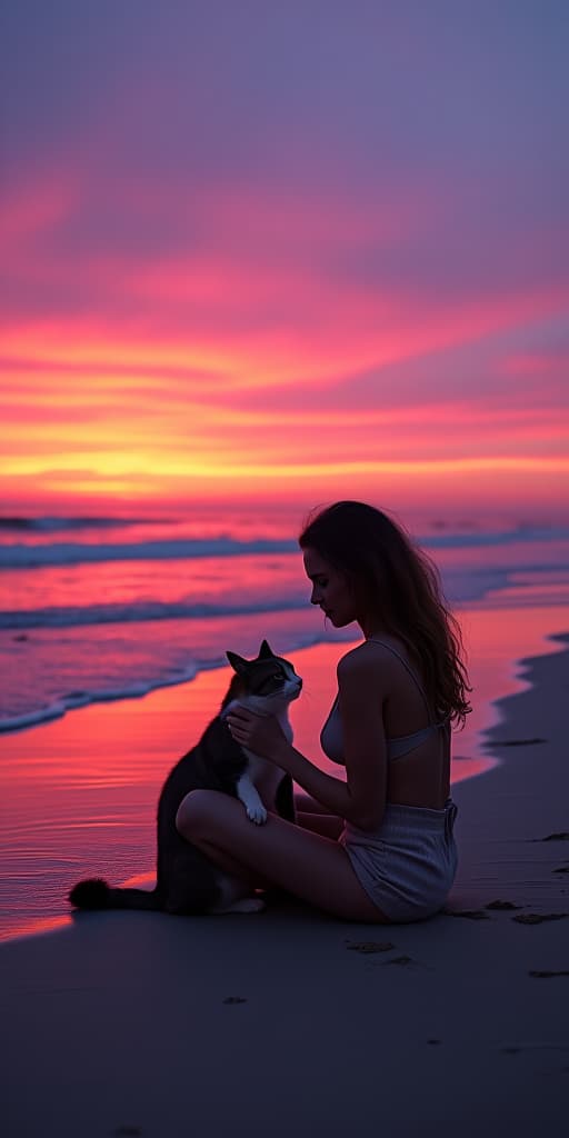  good quality, high quality, a serene beach with gentle waves under a colorful sunset, showcasing vibrant hues of pink, orange, and purple reflecting off the water. a beautiful woman and cat ate on the beach