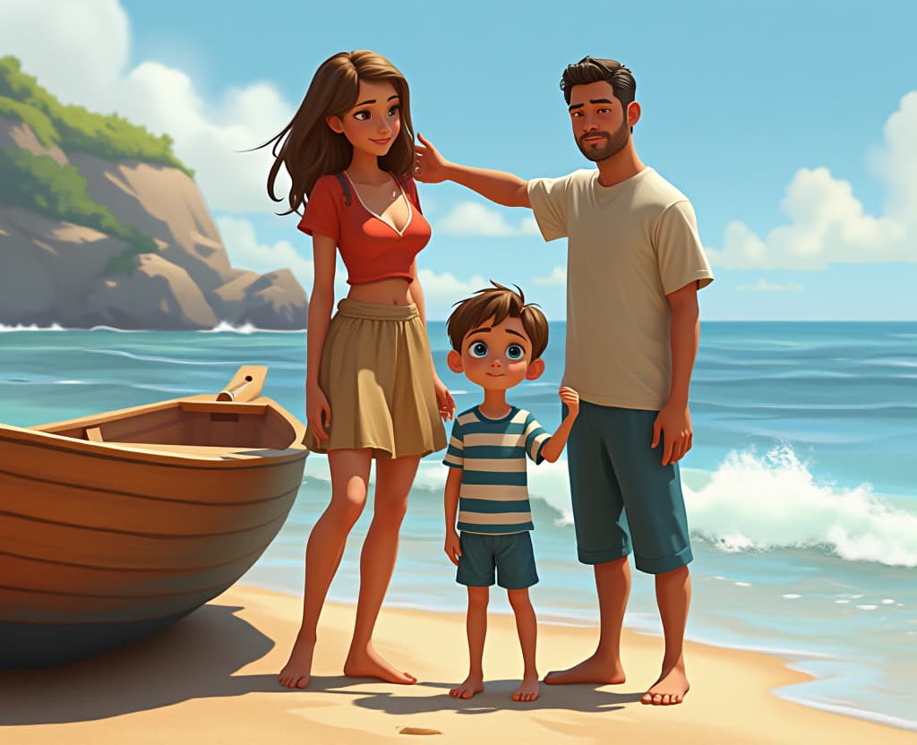  a detailed 3d rendered, disney pixar style digital painting of a named yevseyka, with large blue eyes and short nut hair, standing next to his parents. yevseyka is dressed in simple clothing: a striped shirt and shorts. the mother is down towards yevseyka, gently placing her hand on his shoulder, with a soft but serious expression, gesturing to show that swimming is dangerous. her gaze is caring yet firm. the father is standing next to them, slightly frowning, pointing towards the sea, emphasizing the danger. next to them, a small wooden boat is parked on the beach. the scene is brightly lit with vint colors, suitable for a friendly audience aged 3 s. the background features gentle waves and a clear sky. all 