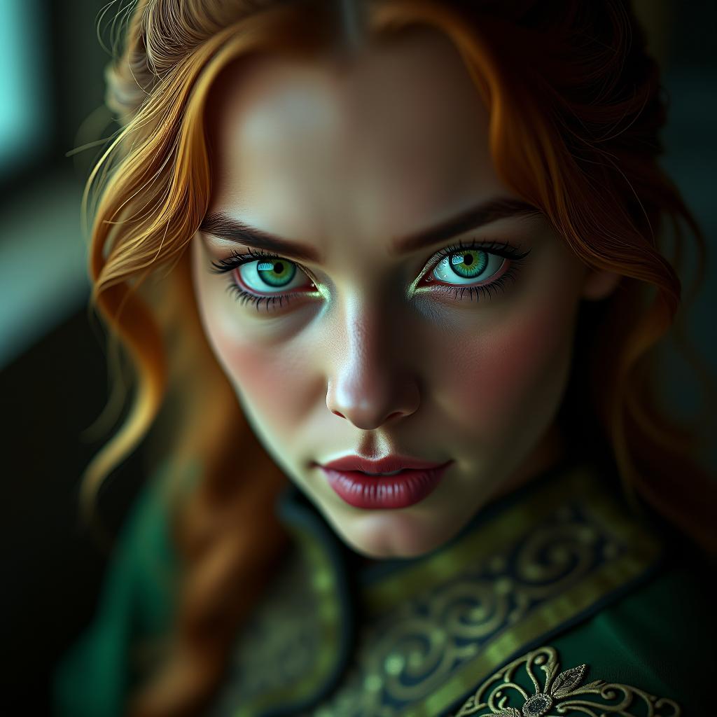  high quality portraiture capturing a bewitching lady with fierce green eyes and ethereal beauty representing the parody version of triss merigold from the witcher series. shot in soft lighting with a leica q2 and a 28mm f/1.7 lens, the focus should be on her expressive eyes and semi exposed physique. hyperrealistic, full body, detailed clothing, highly detailed, cinematic lighting, stunningly beautiful, intricate, sharp focus, f/1. 8, 85mm, (centered image composition), (professionally color graded), ((bright soft diffused light)), volumetric fog, trending on instagram, trending on tumblr, HDR 4K, 8K